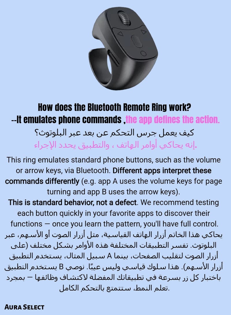  أورا سيليكت جهاز تحكم عن بعد بلوتوث بعجلة تمرير | جهاز تحكم عن بعد بحلقة تمرير لمقاطع الفيديو القصيرة على TikTok وYouTube وInstagram | حلقة لتقليب الصفحات/قارئ الكتب الإلكترونية/جهاز تحكم في تكبير الصور ومصراع الكاميرا متوافق مع أجهزة iPhone وAndroid، والتحكم في الفيديو والموسيقى والقراءة بدون استخدام اليدين - Image 5